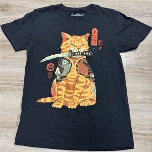 Threadless Catana Cat Samurai. Black T shirt woman’s small